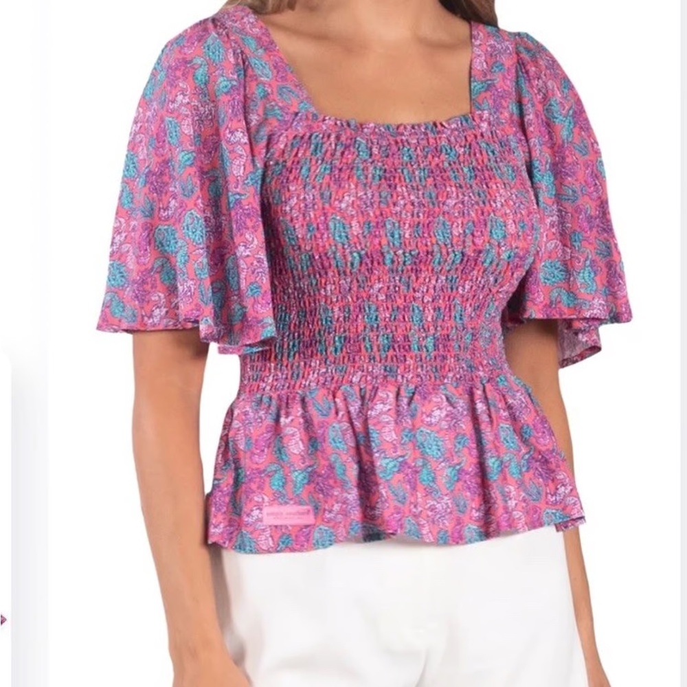Simply Southern Seahorse Smocked Coastal Boho Top Pink Turquoise Large NWT